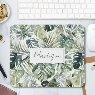 Watercolor Green Tropical Forest Leaves Pattern Mouse Mat