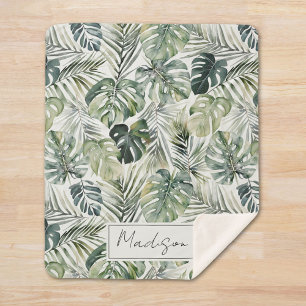 Watercolor Green Tropical Forest Leaves Pattern Sherpa Blanket