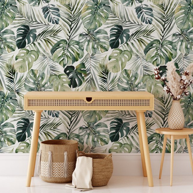 Watercolor Green Tropical Forest Leaves Pattern Wallpaper (In situ)