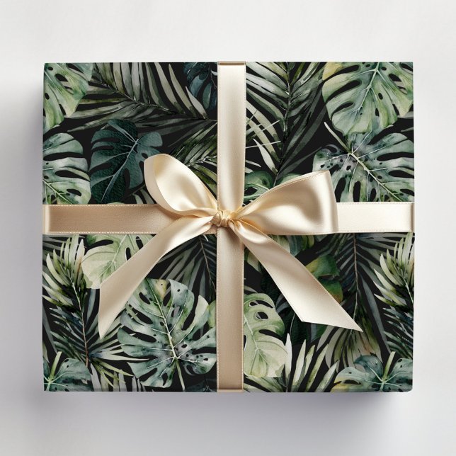 Watercolor Green Tropical Forest Leaves Pattern Wrapping Paper (In situ)