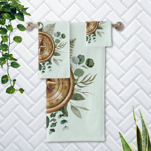 Watercolor Green Tropical Leaves Foliage Compass Bath Towel Set