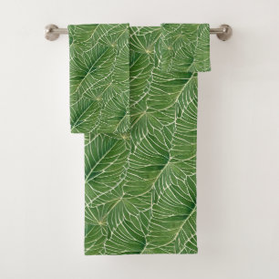 Watercolor Green Tropical Leaves Pattern Bath Towel Set