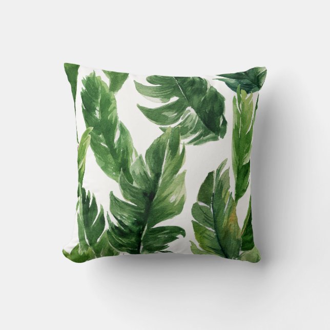 Watercolor Green Tropical Leaves Pattern Cushion (Front)