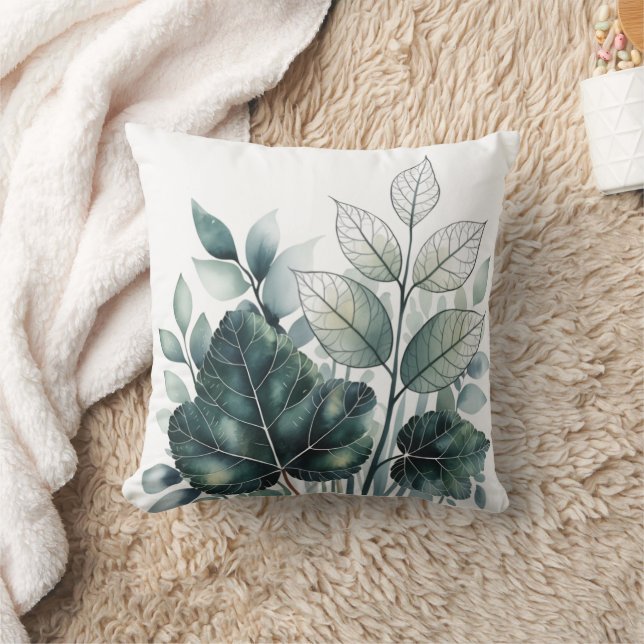 Watercolor Green Tropical Leaves Pattern Cushion (Blanket)