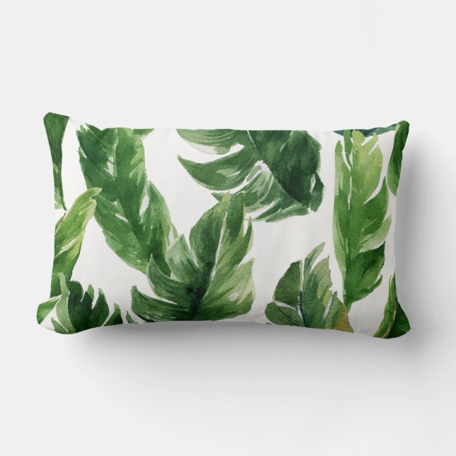 Watercolor Green Tropical Leaves Pattern Lumbar Cushion (Front)