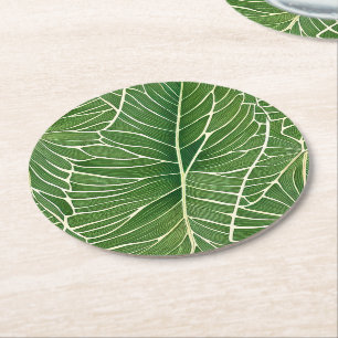 Watercolor Green Tropical Leaves Pattern Round Paper Coaster