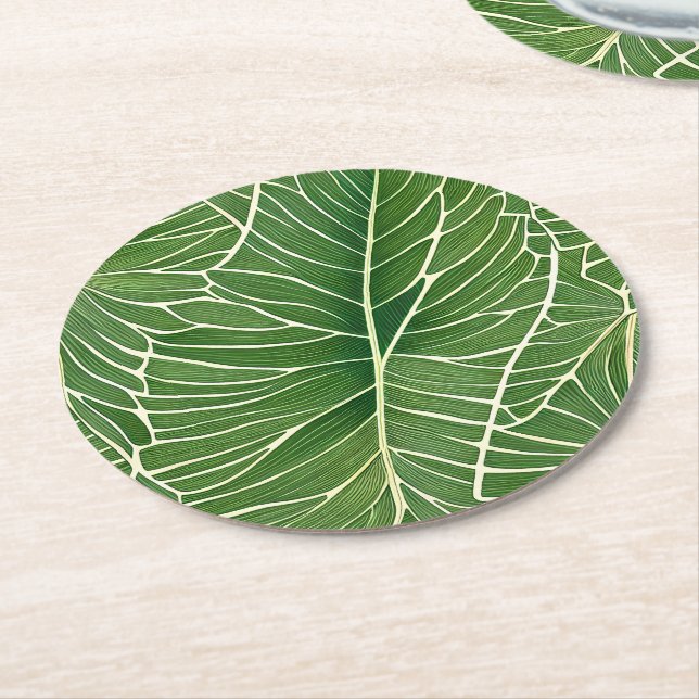 Watercolor Green Tropical Leaves Pattern Round Paper Coaster (Angled)