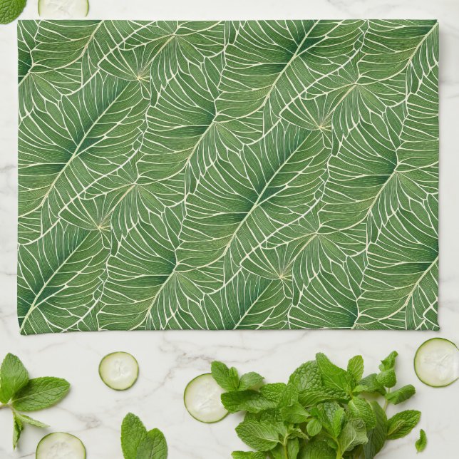 Watercolor Green Tropical Leaves Pattern Tea Towel (Folded)