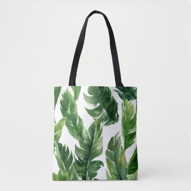Watercolor Green Tropical Leaves Pattern Tote Bag (Front)