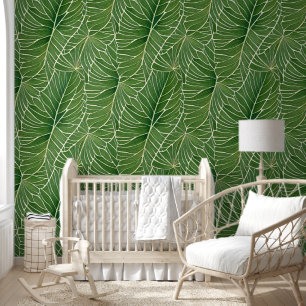 Watercolor Green Tropical Leaves Pattern Wallpaper