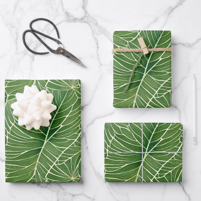 Watercolor Green Tropical Leaves Pattern Wrapping Paper Sheet (Front)