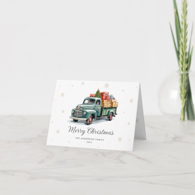 Watercolor Green Truck Photo Merry Christmas Holiday Card (Front)