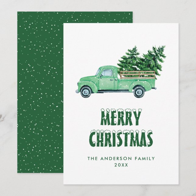 Watercolor Green Truck Snow Merry Christmas Card (Front/Back)