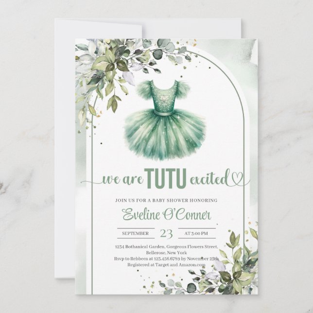 Watercolor green tutu dress eucalyptus and gold invitation (Front)