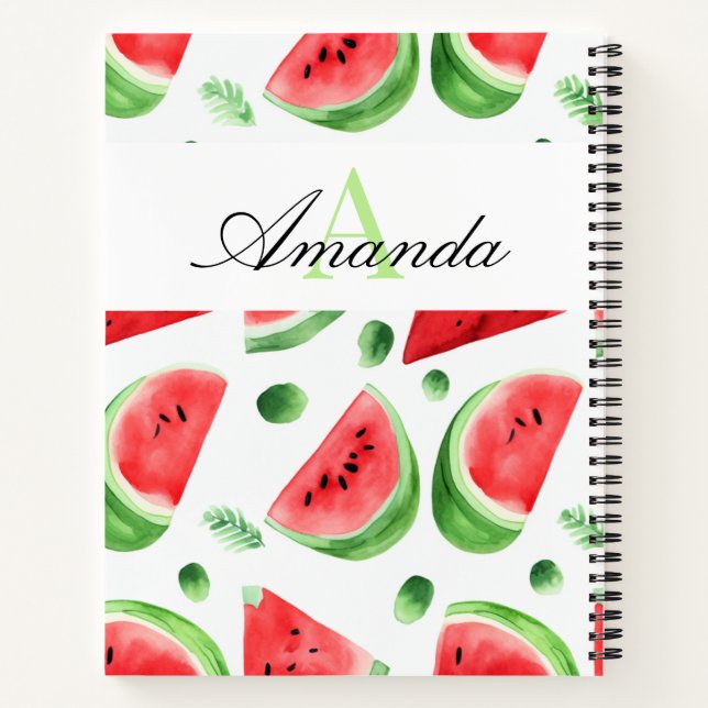 Watercolor Green Watermelon Slices Girl Monogramed Notebook (Back)