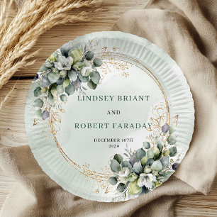 Watercolor Green White Botanical Wedding Paper Plate