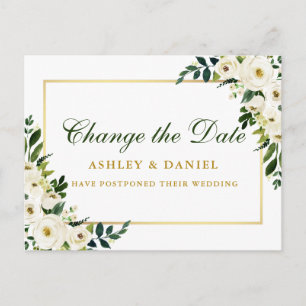 Watercolor Green White Floral Gold Change The Date Postcard