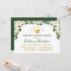 Watercolor Green White Floral Gold Grad Party Invitation
