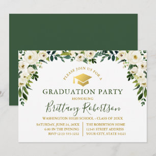 Watercolor Green White Floral Gold Grad Party Invitation