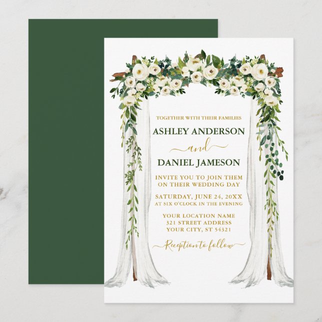 Watercolor Green White Floral Gold Wedding Canopy Invitation (Front/Back)