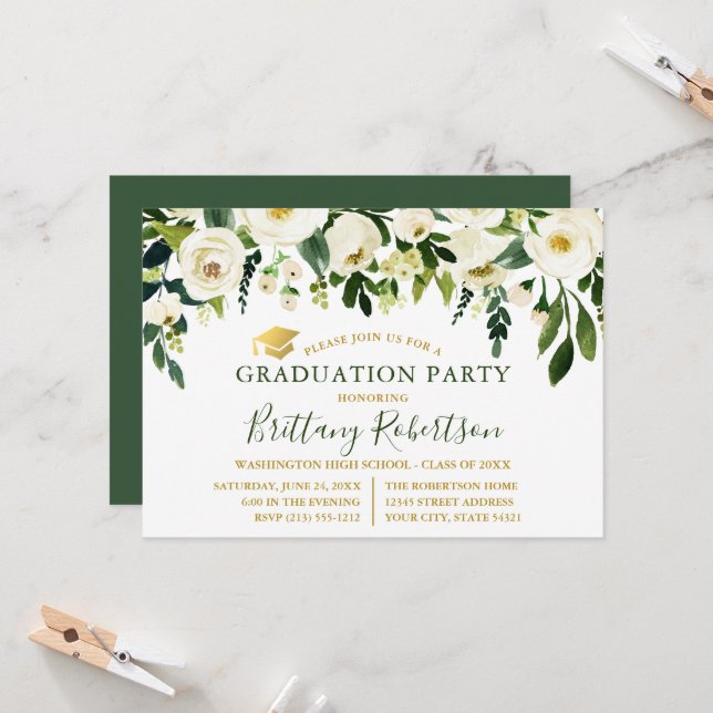 Watercolor Green White Floral Graduation Party Invitation (Front/Back In Situ)