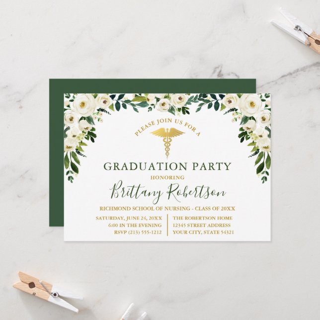 Watercolor Green White Floral Medical Grad Party Invitation (Front/Back In Situ)