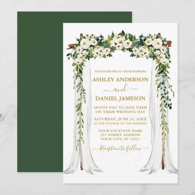 Watercolor Green White Floral Wedding Canopy Gold Invitation (Front/Back)