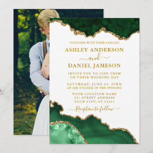 Watercolor Green White Gold Marble Geode Photo Invitation