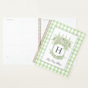 Watercolor Green & White Hydrangea Crest Gingham  Planner