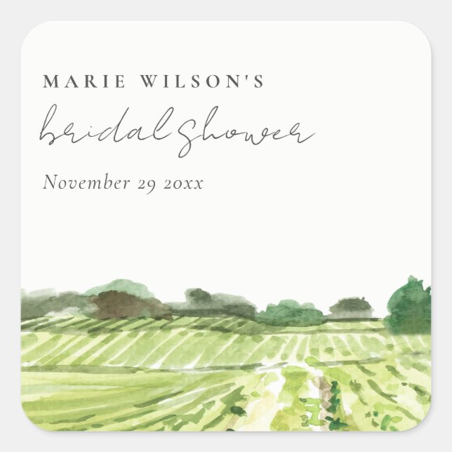 Watercolor Green Winery Vineyard Bridal Shower Square Sticker (Front)