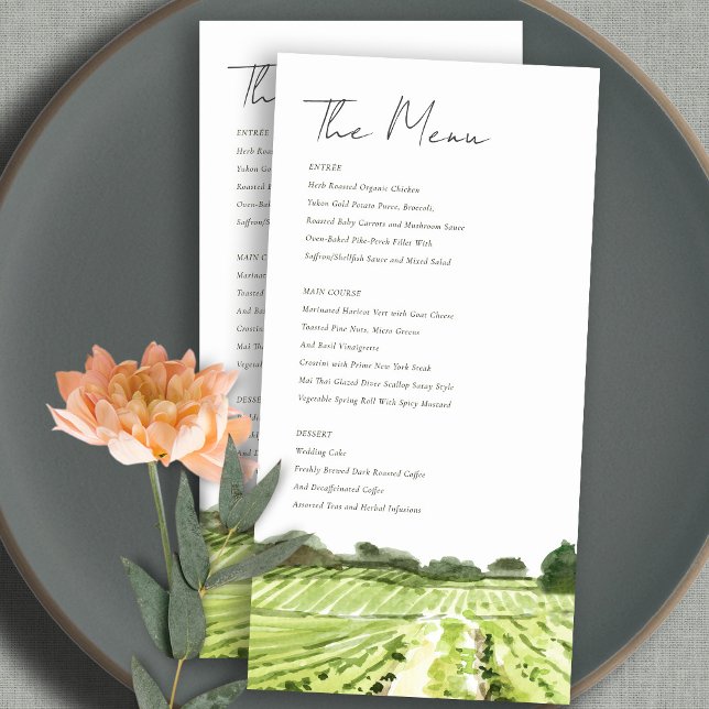 Watercolor Green Winery Vineyard Wedding Menu Card (Creator Uploaded)