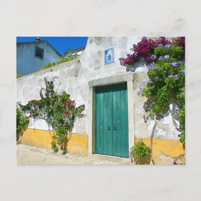 Watercolor green wooden door postcard (Front)