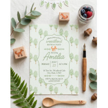 Watercolor Green Woodland Trees Cute Fox Birthday