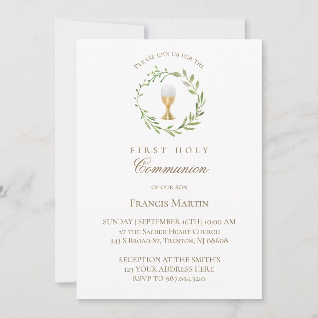 watercolor green wreath first holy communion invitation (Front)