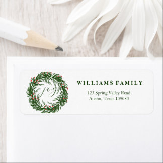 Watercolor Green Wreath Name & Initials Christmas