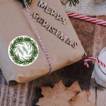 Watercolor Green Wreath Name & Initials Christmas