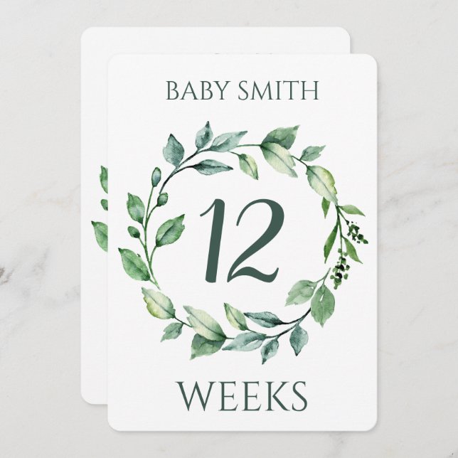 Watercolor Green Wreath Pregnancy Milestone Card (Front/Back)