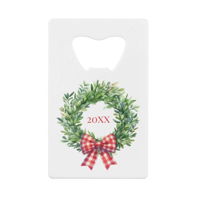 Watercolor Green Wreath With Red Gingham Bow (Front)