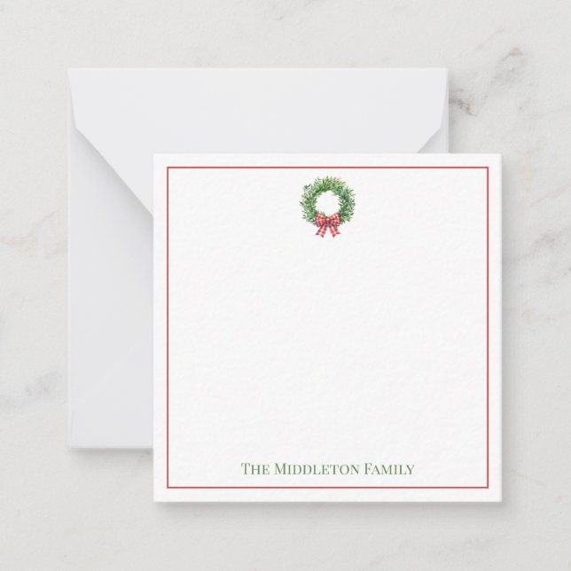 Watercolor Green Wreath With Red Gingham Bow Card (Front)