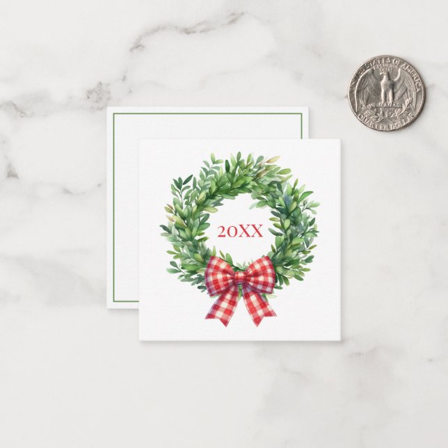 Watercolor Green Wreath With Red Gingham Bow Card (Front/Back In Situ)