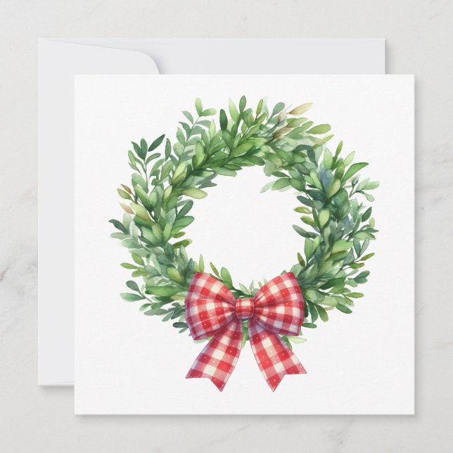Watercolor Green Wreath With Red Gingham Bow Card (Front)