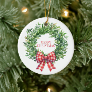 Watercolor Green Wreath With Red Gingham Bow Ceramic Tree Decoration