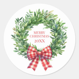 Watercolor Green Wreath With Red Gingham Bow Classic Round Sticker