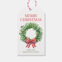 Watercolor Green Wreath With Red Gingham Bow