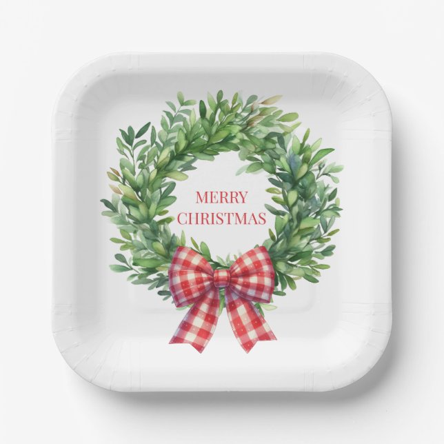 Watercolor Green Wreath With Red Gingham Bow Paper Plate (Front)