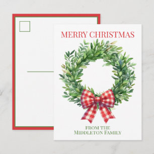 Watercolor Green Wreath With Red Gingham Bow Postcard