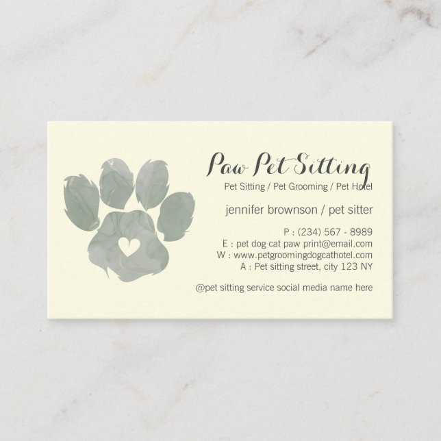 Watercolor GREEN yellow Pet Sitter Grooming Paw Business Card (Front)