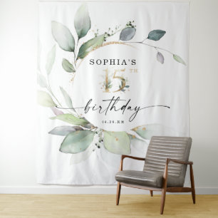 Watercolor Greenery 15th Birthday Backdrop Tapestry