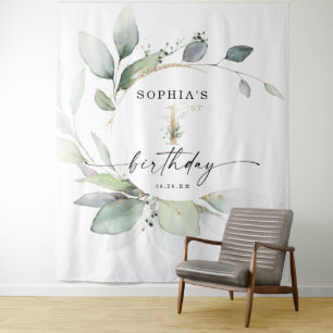 Watercolor Greenery 1st Birthday Backdrop Tapestry