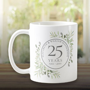 Watercolor Greenery 25th Wedding Anniversary Coffee Mug